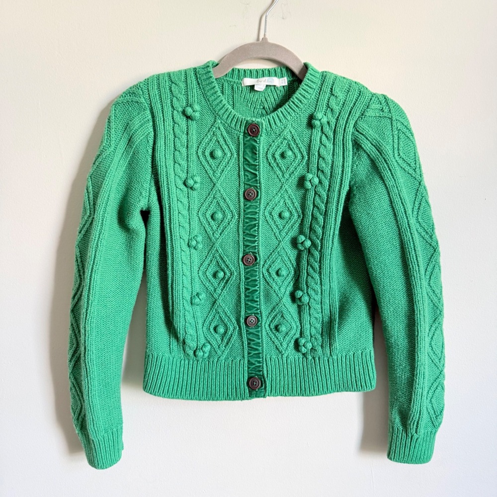 Boden Green Cable Knit Pom Pom Bobble Cardigan Sweater Cotton Wool Blend US 8